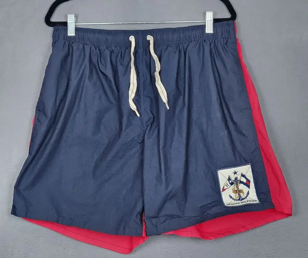 VINTAGE TOMMY HILFIGER Swim Shorts Mens XL Blue Crest Flag Measure 32X7 Beach